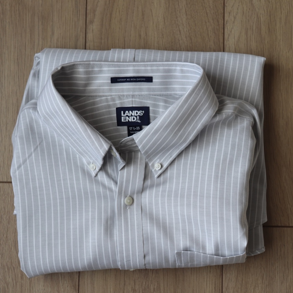 Mens Lands End Tailored Fit Supima Dress Shirt - Gray Stripes - 17 1/2 - 35